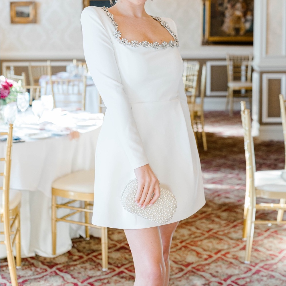 NADINE MERABI Kimberly White Long Sleeve MiniDress with Embellished Neckline - Picture 2 of 7